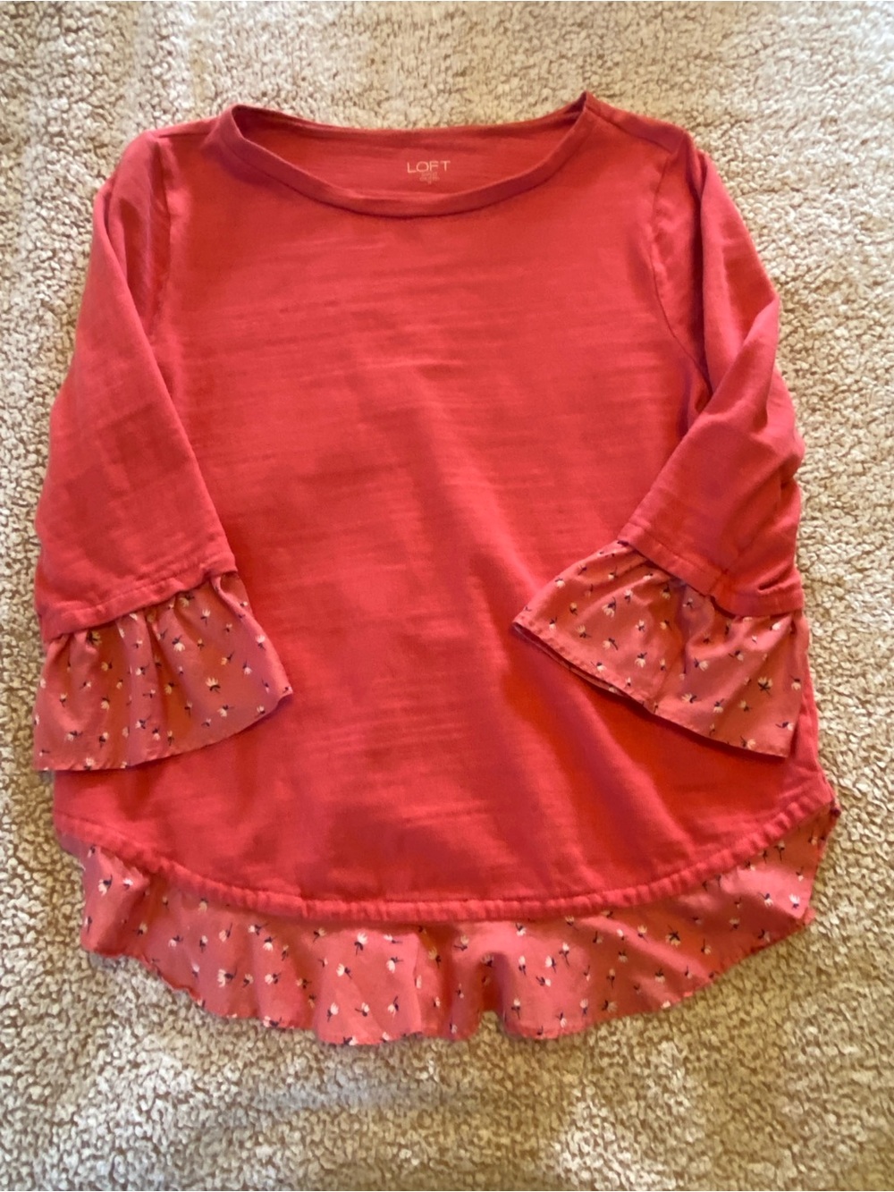 LOFT Coral Ruffle Hem Long Sleeve Top